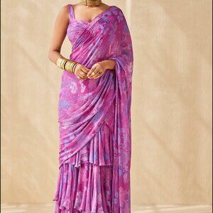 Multi-Colored Chinon Ruffled Saree Set